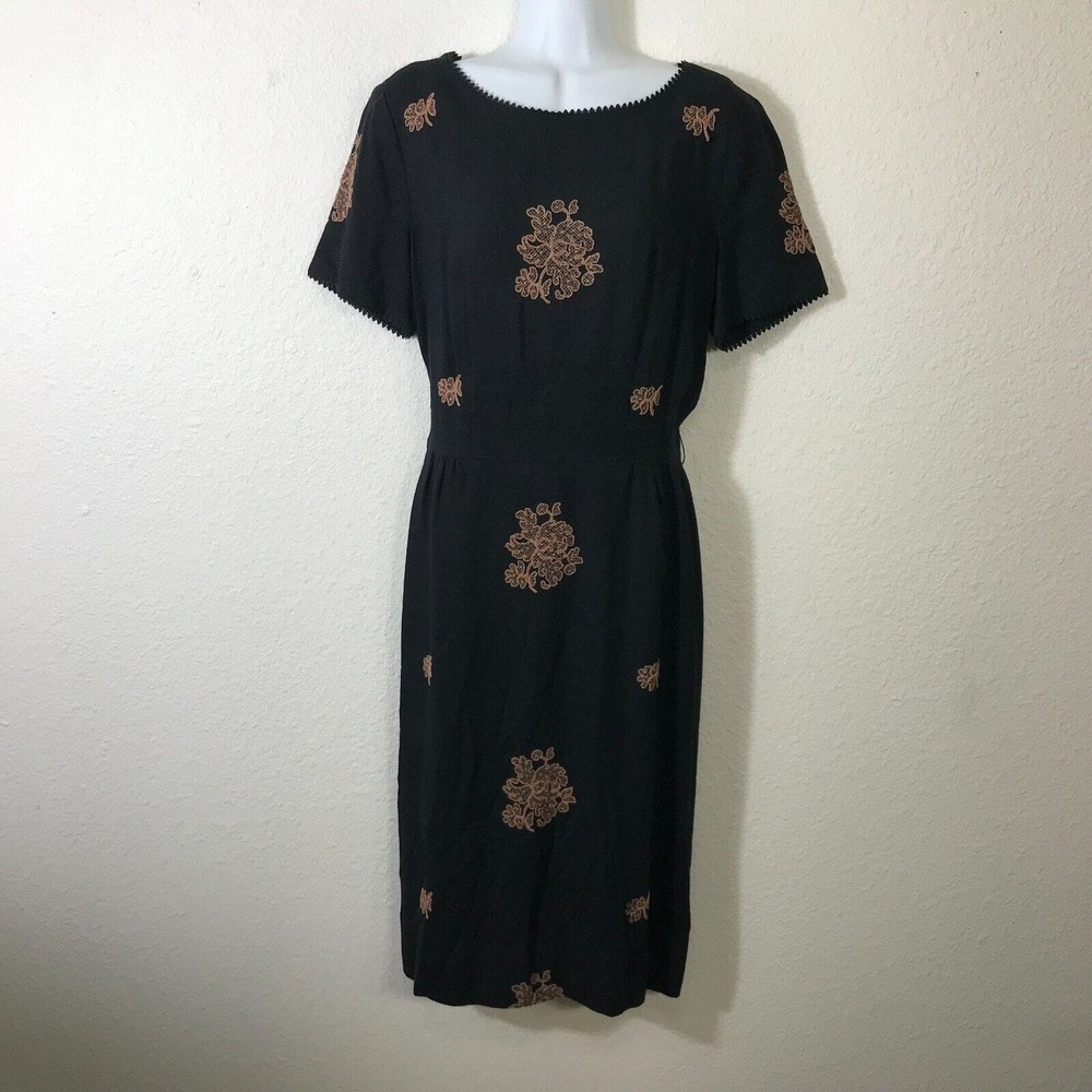 Vtg 50s Dress Size M Black Embroidered Floral Sheath Cocktail Party Black